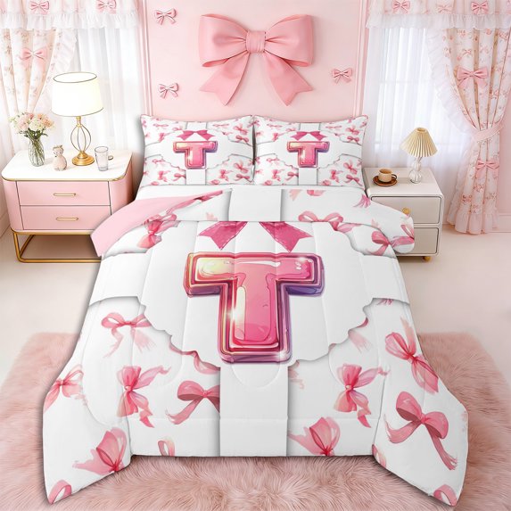 Erosebridal Personalized Initial T Queen Comforter Set 3pcs for Girls Kids,Teens Cute Ribbon Bow Tie Bedding Comforter Set,Pink Reversible,Ultra Soft Home Decor