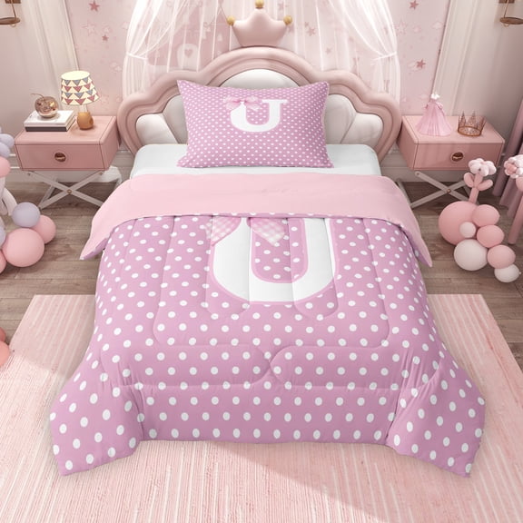 Erosebridal Personalized Initial U Twin Comforter Sets for Girls, Pink Bowtie Polka Dots Bedding Set, Pink Reversible 2pcs, 1 Comforter and 1 Pillowcase