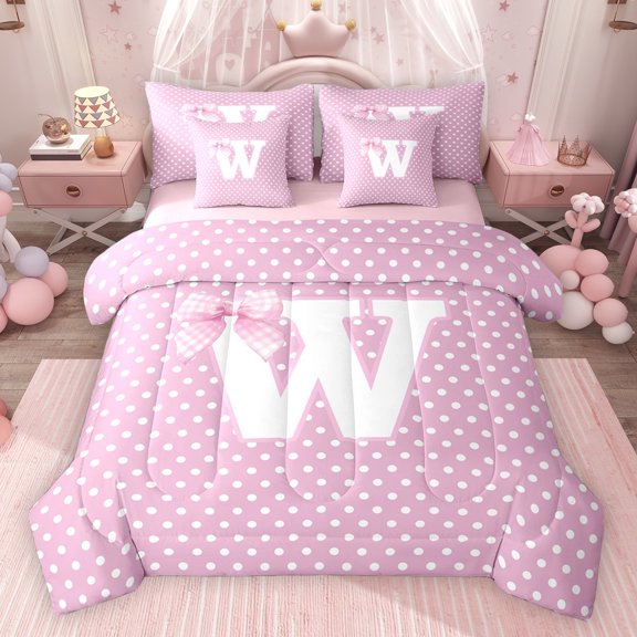 Erosebridal Personalized Initial W Bedding Comforter Set for Girls, Pink Bowtie Polka Dots Queen Bedding Sets, Pink Reversible 7pcs