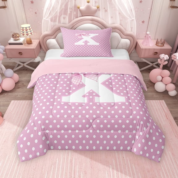 Erosebridal Personalized Initial X Twin Comforter Sets for Girls, Pink Bowtie Polka Dots Bedding Set, Pink Reversible 2pcs, 1 Comforter and 1 Pillowcase