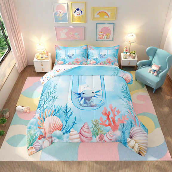 Erosebridal Personalized Intial U Bedding Sets Twin with Comforter,Cute axolotl Duvet Insert For Teens, Marine Plant Coral Shell Comforter Sets Twin Size,Microfiber Bedroom Decor Reversible，2pcs