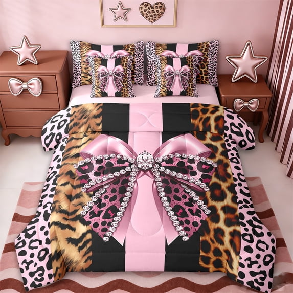 Erosebridal Personalized Leopard Bowknot 7-Piece Twin Bedding Sets,Pink Cheetah Print Kids Bedding Comforter Set,Reversible pink