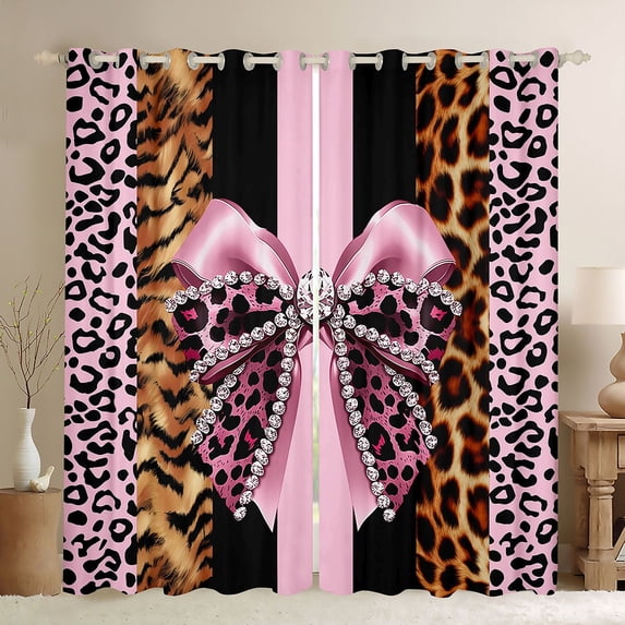 Erosebridal Personalized Leopard Bowknot Black Out Curtains,Pink Cheetah Print Kids Curtains Pack of 2 (42x63 Each)