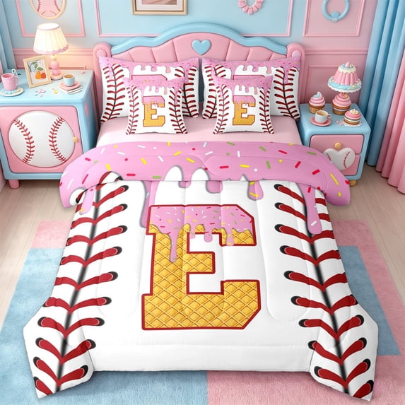 Erosebridal Personalized Letter E 7 Pieces Bedding Comforter Set For Girls,Baseball Ball Games Full Bedding Set For Kids,Reversible pink