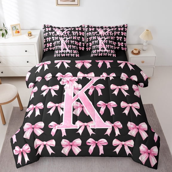 Erosebridal Personalized Letter K Bed in a Bag Twin Size,Monogrammed Theme Bed Set,Pink Bow Bowtie Bedding Twin Size,Ultra Soft Bedroom Decor Reversible,7 Pieces