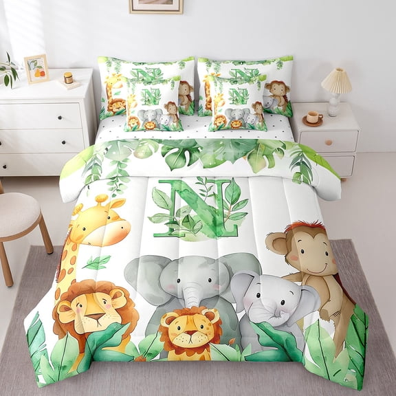 Erosebridal Personalized Letter N Bedding Sets Full Size,Zoo Animal Elephant Monkey Comforter Sets with Sheets,Green Plant Leaves Bed in a Bag Full Size,Bedroom Decorative Reversible,7-Piece