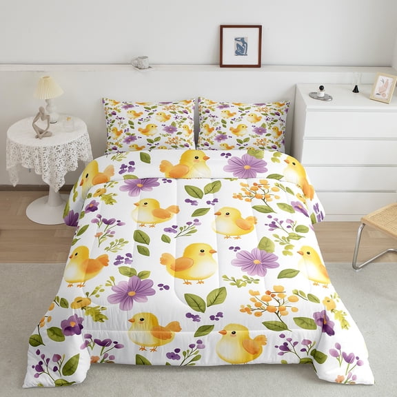 Erosebridal Pet Chicken Bedding Queen Comforter Set, Rustic Floral Down Comforter, Cute Animal Comforters & Duvets, Breathable Room Decor, 3 Pieces