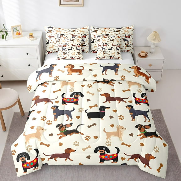 Erosebridal Pet Dachshund Bed In A Bag Twin Size,Cute Animal Bed Set,Beige Brown Bedding Twin Size, Super Cozy Room Decorative,7 Pieces