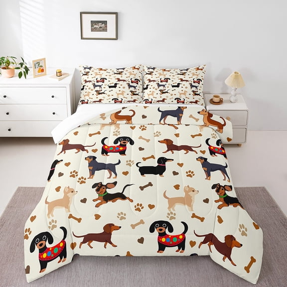 Erosebridal Pet Dachshund Bedding Sets Twin With Comforter,Cute Animal Duvet Insert,Beige Brown Comforter Sets Twin Size, Super Cozy Room Decorative,2Pcs