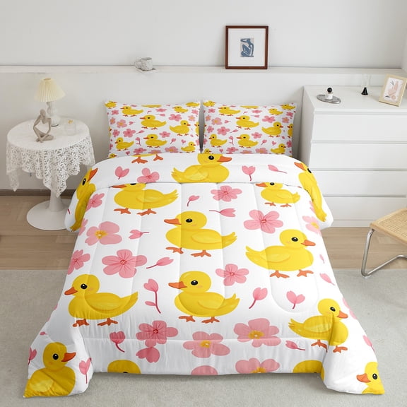 Erosebridal Pet Duck Bedding Twin Comforter Set, Cherry Blossoms Down Comforter, Cute Animal Reversible Comforters & Duvets, Lightweight Room Decorative, 2 Pieces