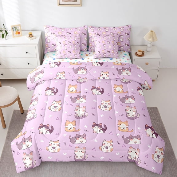 Erosebridal Pet Kitten Lover Bedding Twin Size, Purple Bed Set, Cartoon Cat Print Reversible Bed in a Bag Twin size, Microfiber Bedroom Decoration, 7pcs