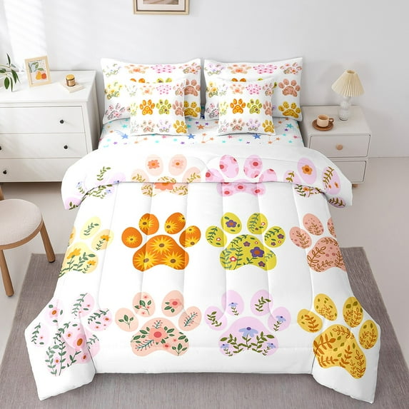 Erosebridal Pet Paw Print Bedding Full Size, Cute Animal Bed in a Bag Full size, Rustic Floral Reversible Bed Set, Super Cozy Bedroom Decoration, 7pcs