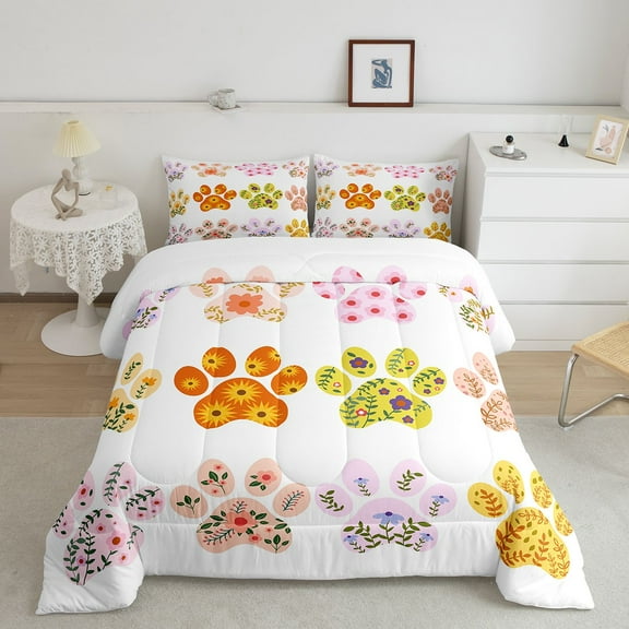 Erosebridal Pet Paw Print Bedding Queen Comforter Set, Cute Animal Down Comforter, Rustic Floral Reversible Comforters & Duvets, Super Cozy Bedroom Decoration, 3pcs