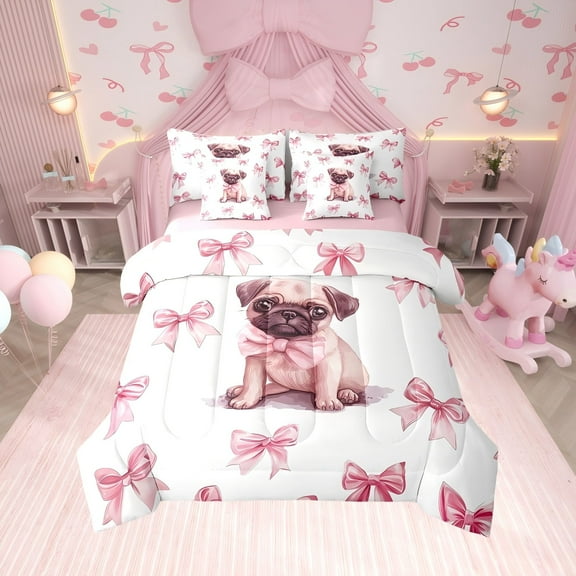 Erosebridal Pet Pug Comforter Sets Twin Size, Kawaii Dog Comforters & Duvets, Princess Style Decor, Reversible 7pcs