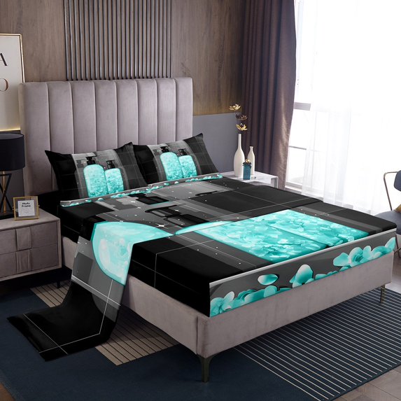 Erosebridal Petal Shower Gel Bed Sheets King,Bling Showerhead King Sheet Sets,Teal Flower Sheet Set King,Microfiber Floral Bedroom Decorative,4pcs