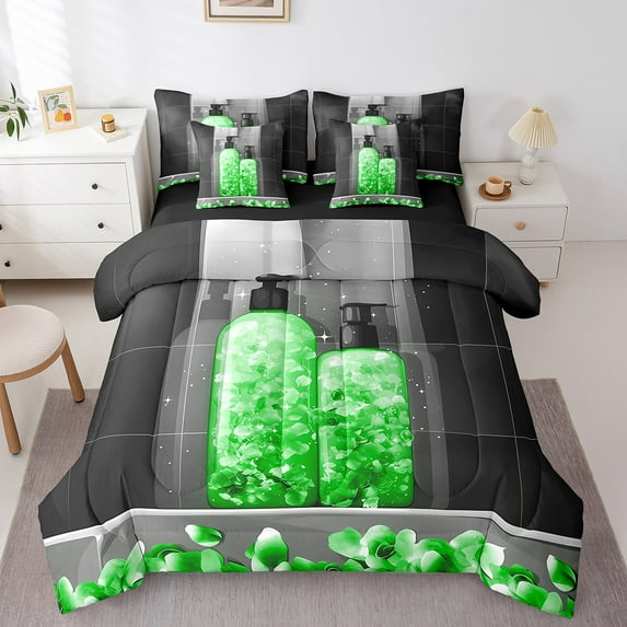 Erosebridal Petal Shower Gel Bedding Queen Size,Bling Showerhead Comforter Sets with Sheets,Green Flower Bedding Sets Queen Size,Microfiber Floral Bedroom Decorative,Reversible,7 Pieces