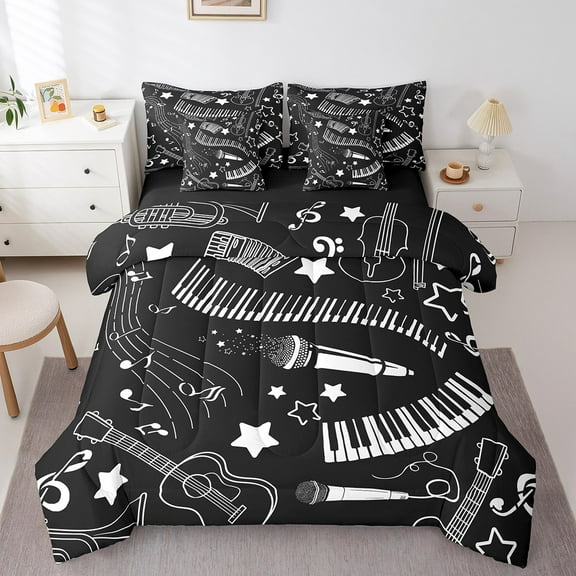 Erosebridal Piano Guitar Bedding Sets Twin Size,Musical Notes Comforter Sets with Sheets,Microphone Stars Bed in a Bag Twin size,Ultra Soft Teenager Bedroom Decor,Reversible,7pcs