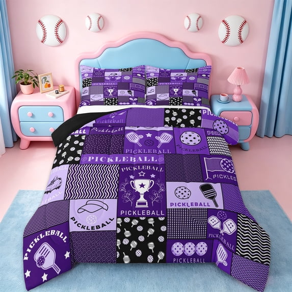 Erosebridal Pickleball Ball Sport Kids Queen Comforter Set,Cartoon Games Trophy Bedding Comforter Set For Boys,Reversible black,3pcs