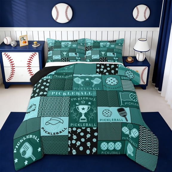 Erosebridal Pickleball Ball Trophy Queen Comforter Set,Kids Sport Games Bedding Comforter Set,Reversible black,3pcs