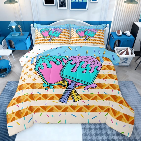 Erosebridal Pickleball Ice Cream Drip Queen Comforter Set, Waffle US Flag Bedding Comforter Set, Colorful Polka Dots Reversible, 1 Comforter and 2 Pillowcases