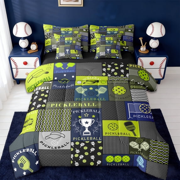 Erosebridal Pickleball Sport Theme Kids 7-Piece Twin Bedding Sets,Ball Games Trophy Bedding Comforter Set For Boys,Reversible black