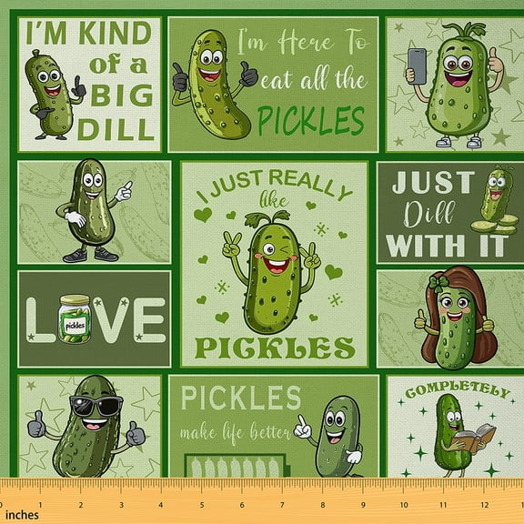 Erosebridal Pickles Fabric By The Yard,Pickled Cucumber Upholstery Fabric,Cartoon Cucumber Decorative Fabric,Delicious Pickles Indoor Outdoor Fabric,Green Olive,1 Yard