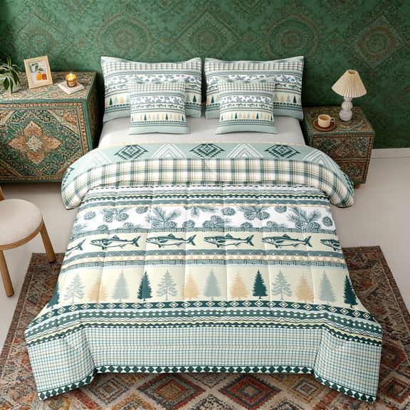 Erosebridal Pike Fish Aztec Bedding Comforter Set, Green Rustic Lake House Farmhouse Queen Bedding Sets, Gray Reversible 7-Piece