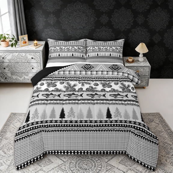 Erosebridal Pike Fish Aztec Queen Comforter Set, Gray Rustic Lake House Farmhouse Bedding Comforter Set, Black Reversible 3pcs, 1 Comforter and 2 Pillowcases