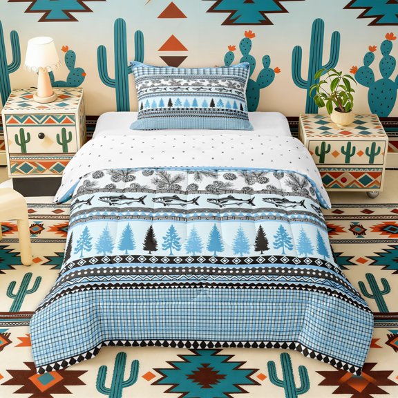 Erosebridal Pike Fish Aztec Twin Comforter Sets, Blue Rustic Lake House Farmhouse Bedding Set, Reversible 2pcs, 1 Comforter and 1 Pillowcase