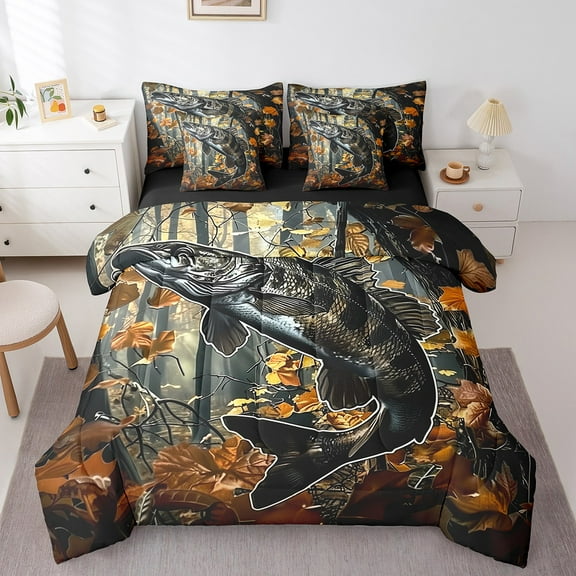 Erosebridal Pike Fish Bed in a Bag Twin size, Fishing Animal Bed Set, Woodland Jungle Decor, Reversible 7pcs