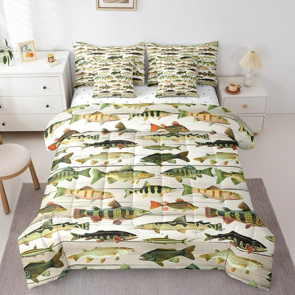 Erosebridal Pike Fish Bedding Full Size, Lodge Cabin Bed in a Bag Full size, Rustic Farmhouse Reversible Bed Set, Lightweight Bedroom Decoration, 7pcs