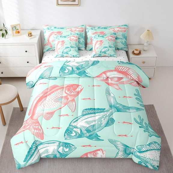 Erosebridal Pike Fish Bedding Sets Full Size, Hunting and Fishing Comforter Sets with Sheets, Rustic Theme Decor, Reversible 7pcs