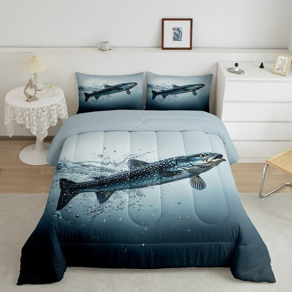 Erosebridal Pike Fish Bedding Sets King with Comforter, Hunting and Fishing Duvet Insert, Marine Sealife Decor, Ultra Soft