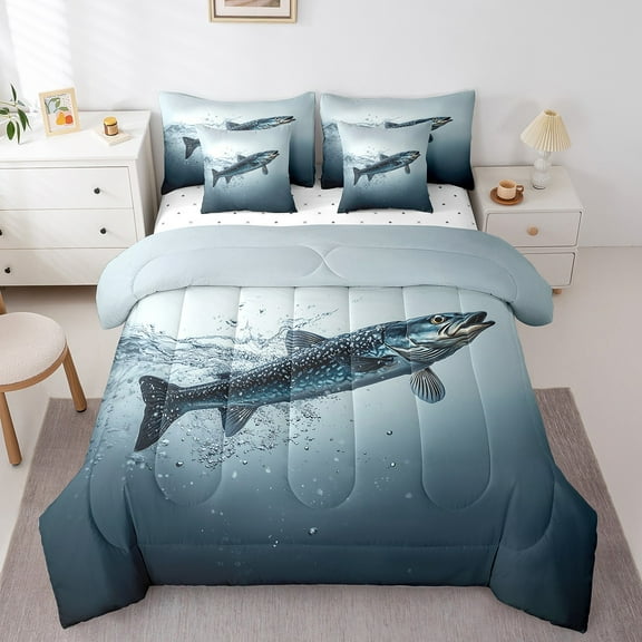 Erosebridal Pike Fish Bedding Sets Twin Size, Hunting and Fishing Comforter Sets with Sheets, Marine Sealife Decor, Reversible