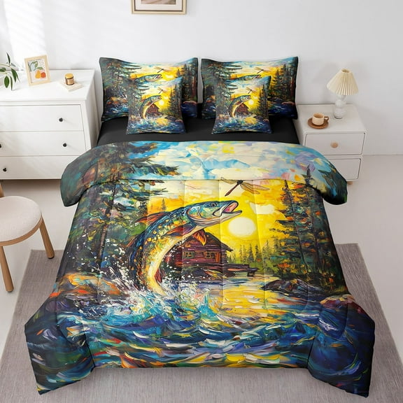 Erosebridal Pike Fish Bedding Sets Twin Size,Lake House Comforter Sets with Sheets,Lodge Cabin Bed in a Bag Twin size,Ultra Soft Rustic Room Decoration,Reversible,7pcs