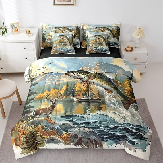 Erosebridal Pike Fish Bedding Sets Twin Size, Lodge Cabin Comforter Sets with Sheets, Hunting and Fishing Decor, Reversible 7pcs
