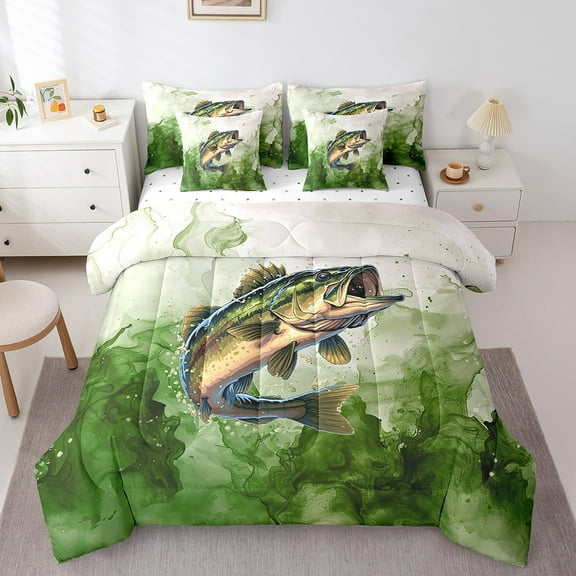 Erosebridal Pike Fish Bedding Twin Size, Watercolor Green Comforter Sets with Sheets, Fishing Theme Duvet Set, Rustic Cabin Lodge Super Cozy Bedroom Decorative, Reversible 7-Piece