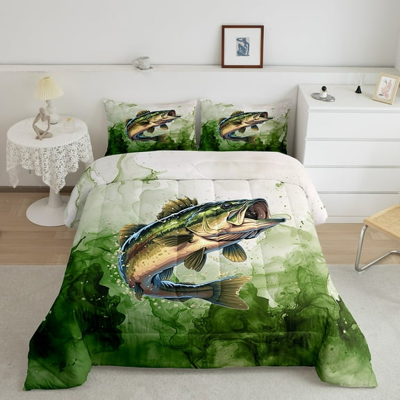 Erosebridal Pike Fish Comforter Sets Twin Size, Watercolor Green Comforters & Duvets, Fishing Theme Bedding Twin Comforter Set, Rustic Cabin Lodge Super Cozy Bedroom Decorative, 2-Piece