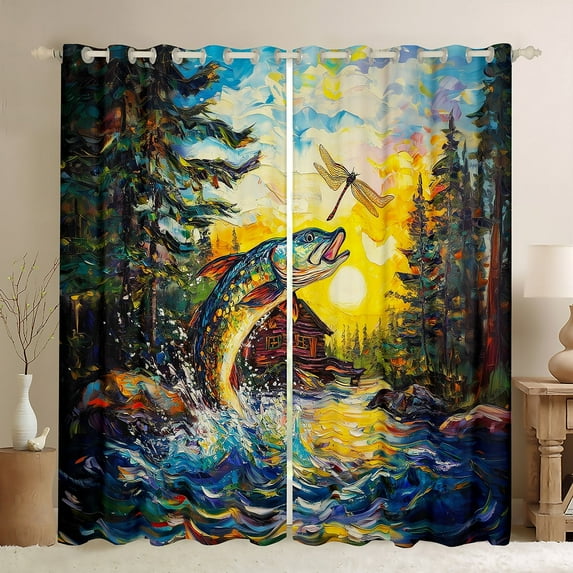 Erosebridal Pike Fish Curtains and Drapes (38Wx54L),Lake House Blackout Curtains for Bedroom,Lodge Cabin Curtains Pack of 2 (38Wx54L),Rustic Room Decoration