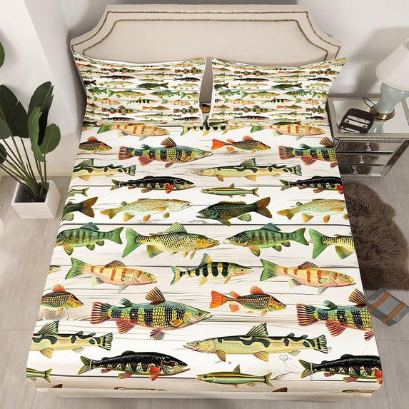 Erosebridal Pike Fish Fitted Sheet Full, Lodge Cabin Fitted Sheet Set Full, Rustic Farmhouse Bed Set, Lightweight Bedroom Decoration, 3pcs(No Top Sheet)