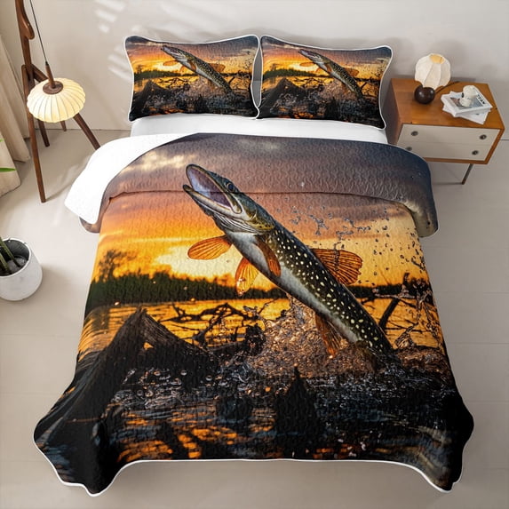 Erosebridal Pike Fish Print Boys Girls Twin Quilt Set, Rustic Cabin Twin Coverlet Set, Black Orange, 2-Piece