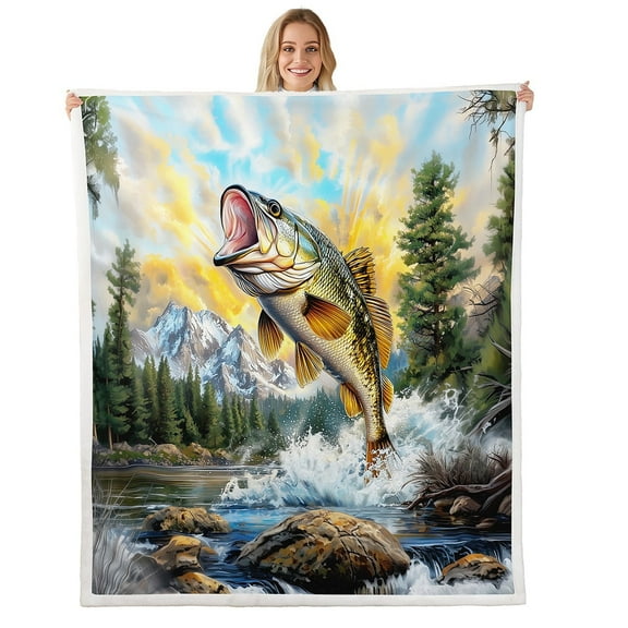 Erosebridal Pike Fish Sherpa Blanket Bass Big Fish Fleece Throw Blanket Fishing and Hunting Plush Blanket Ocean Theme Fuzzy Blanket for Sofa Bed Couch,30x40 Inches
