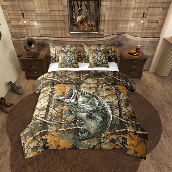 Erosebridal Pike Fish Twin Comforter Set for Men, Bass Big Fish Bed in a Bag Room Decorative Fishing and Hunting 7 Pieces Bedding Set Fisherman Fish Man Bed Set