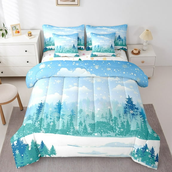Erosebridal Pine Tree Bed in a Bag Full size, Winter Snowflake Bed Set, Rustic Plant Reversible Comforter Sets, Lightweight Room Decorative, 7-Piece