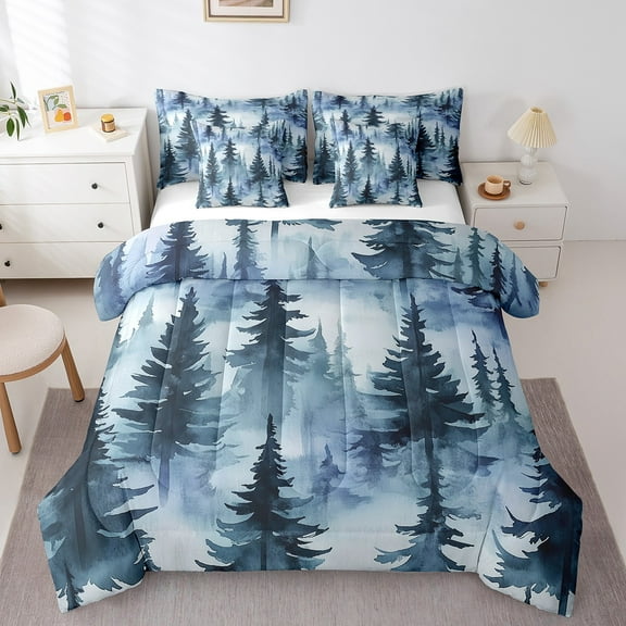 Erosebridal Pine Tree Bedding Queen Size, Blue Watercolor Bedding Sets Queen Size, Rustic Plant Bed Set, Super Cozy Bedroom Decor, 7 Pieces