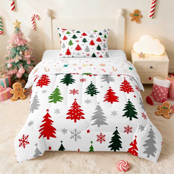 Manfei Pine Twin Comforter Sets Holiday Bedding Set, Pink Green 2-Pieces 1 Comforter and 1 Pillowcase, Xmas Reversible