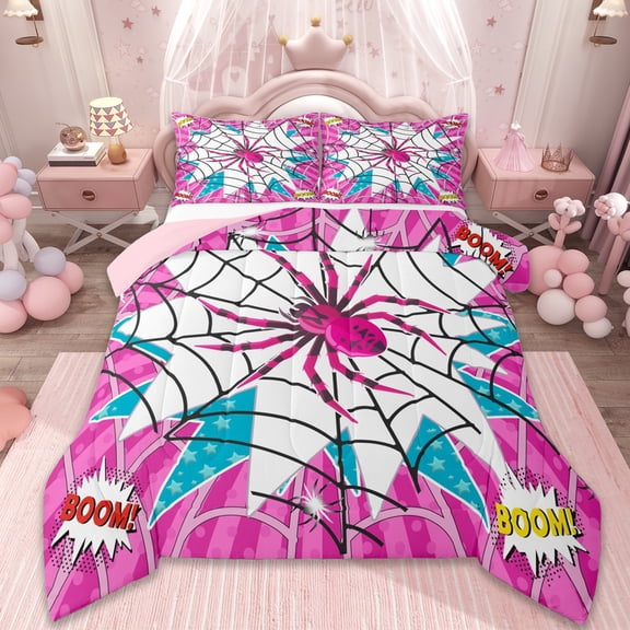 Erosebridal Pink Animal Bedding Sets King with Comforter,Spider Web Stripes Duvet Insert,Happy Halloween Comforter Sets King Size For Teens,Super Cozy Room Decoration Reversible，3pcs