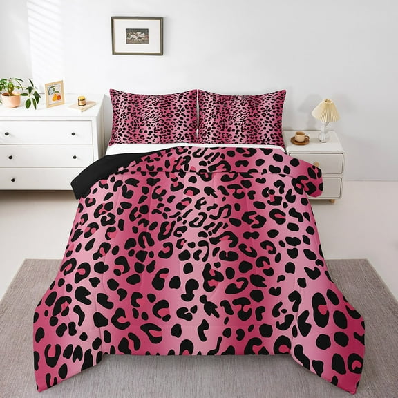 Erosebridal Pink Animal Print Comforter Sets Queen Size Women, Leopard Cheetah Down Comforter, Reversible 3pcs