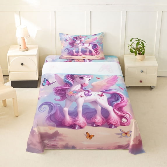 Erosebridal Pink Animal Unicorn Twin Sheet Sets 3pcs For Girls Boys,Kids Flying Butterflies Bedding