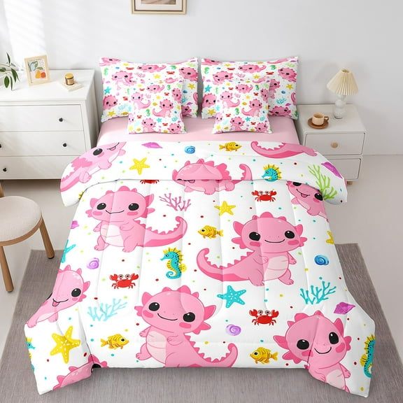 Erosebridal Pink Axolotl Bed in a Bag Twin Size,Cartoon Animal Bed Set,Colorful Sealife Bedding Twin Size For Girls,Ltra Soft Room Decorative Reversible,7 Pieces